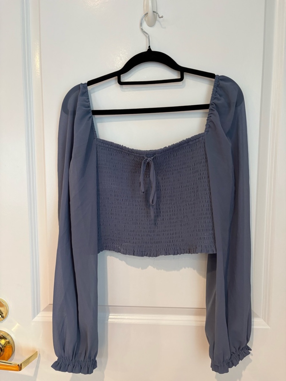 Wilfred Smocked Long-Sleeve Crop Top in Slate Blue